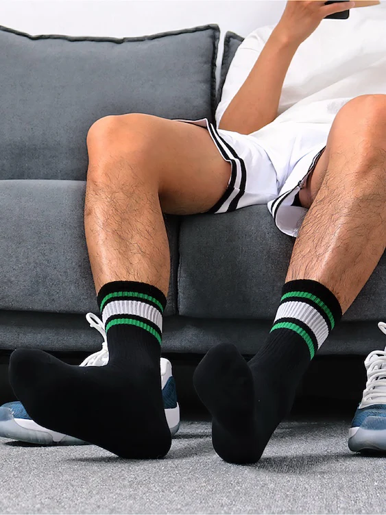 2 Pairs Of Men's Black Crew Socks With White And Green Stripes - Image 2