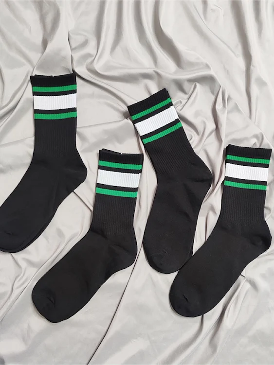 2 Pairs Of Men's Black Crew Socks With White And Green Stripes - Image 3