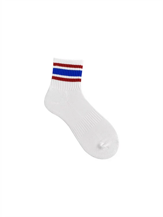 4 Pairs Men‘s Crew White Socks With Red And Blue Stripes - Image 4