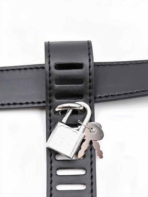 Black Leather Male Chastity Belt with Three Locks - Image 4