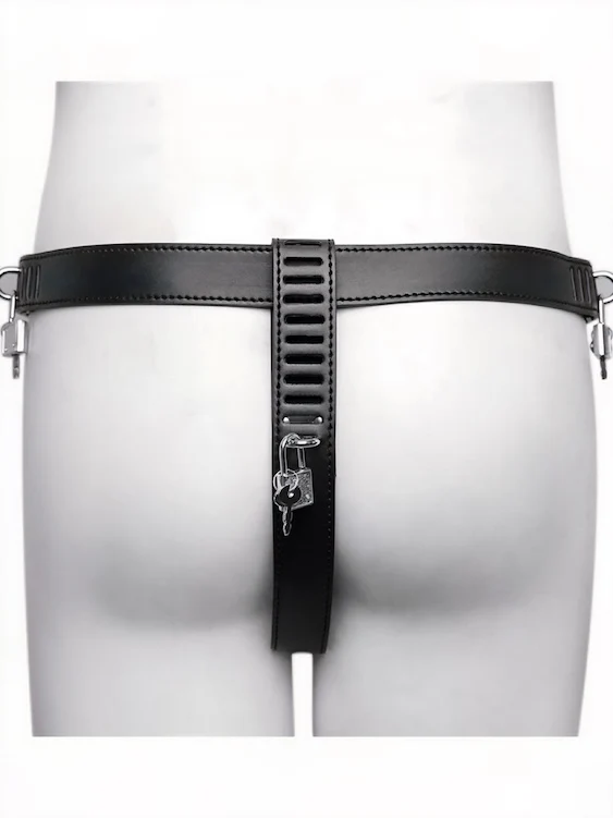 Black Leather Male Chastity Belt with Three Locks - Image 5