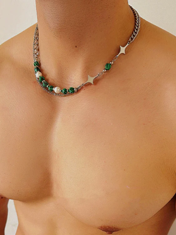 Black Striped Green Turquoise Starry Layered Necklace for Men - Image 2