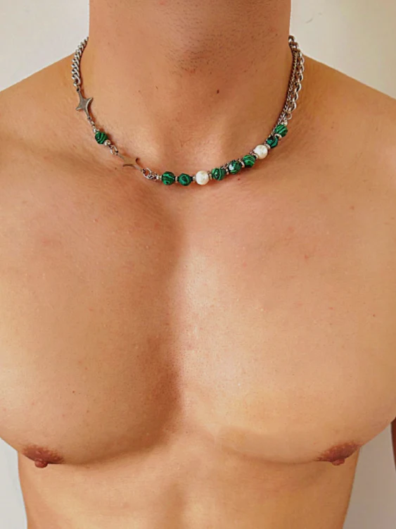 Black Striped Green Turquoise Starry Layered Necklace for Men - Image 3