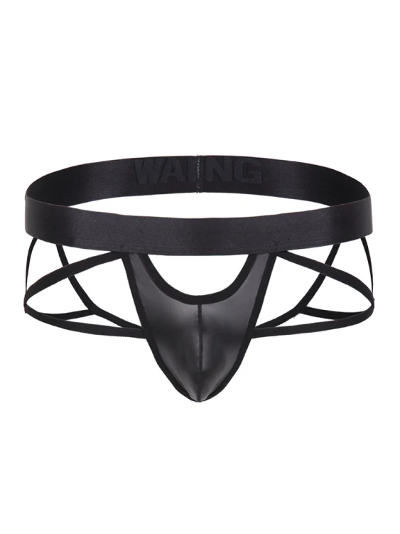 Faux Leather Mesh Thong with Double Straps - Image 4