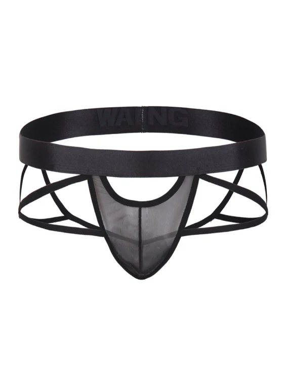 Faux Leather Mesh Thong with Double Straps - Image 5