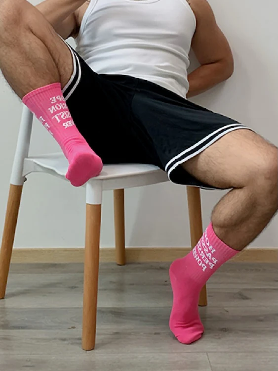 Men's Neon Pink Crew Socks with Letter Print - Image 2