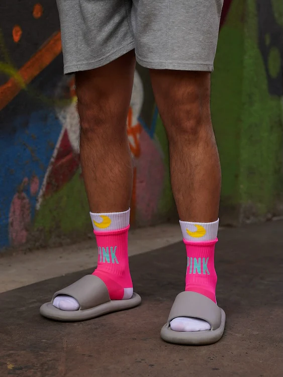 Men's Neon Pink Crew Socks with Moon and "PINK" Print