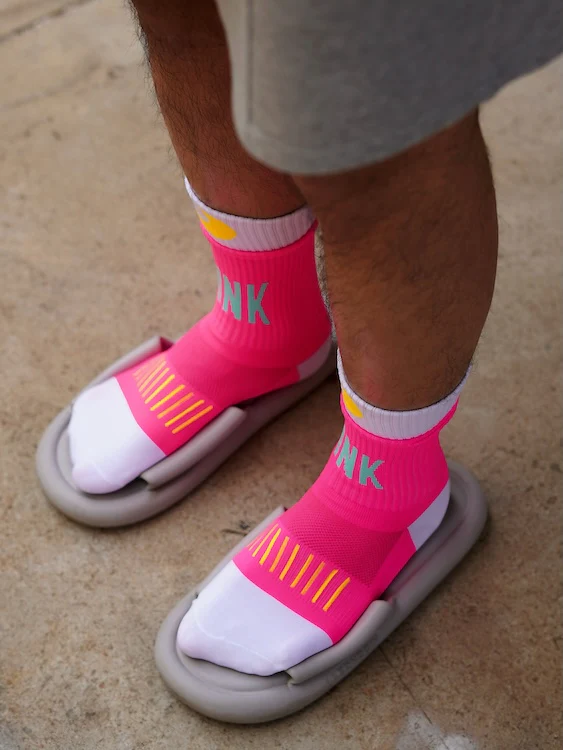 Men's Neon Pink Crew Socks with Moon and "PINK" Print - Image 2