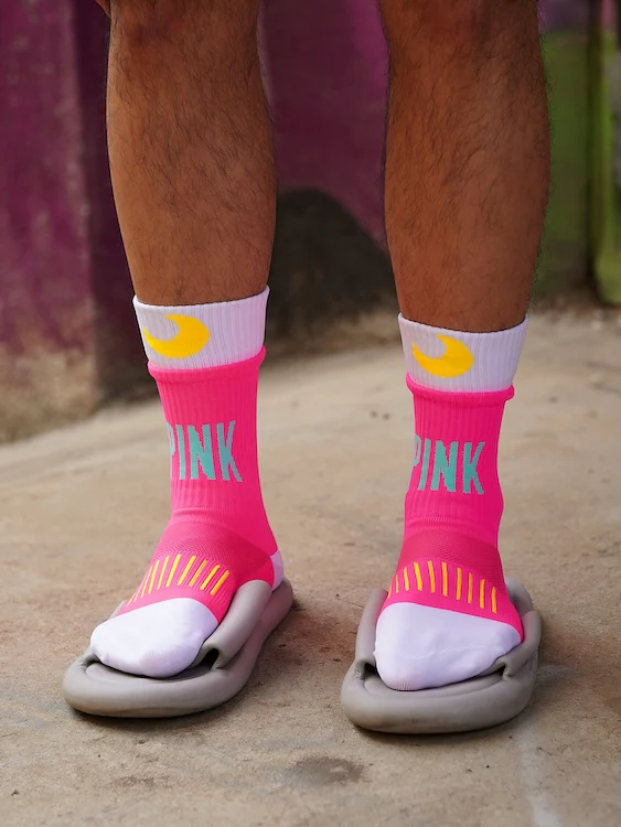 Men's Neon Pink Crew Socks with Moon and "PINK" Print - Image 3