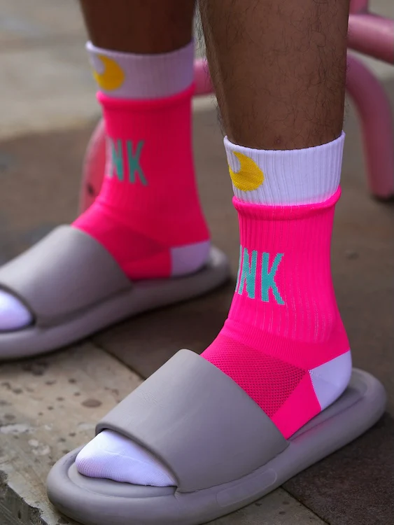 Men's Neon Pink Crew Socks with Moon and "PINK" Print - Image 4