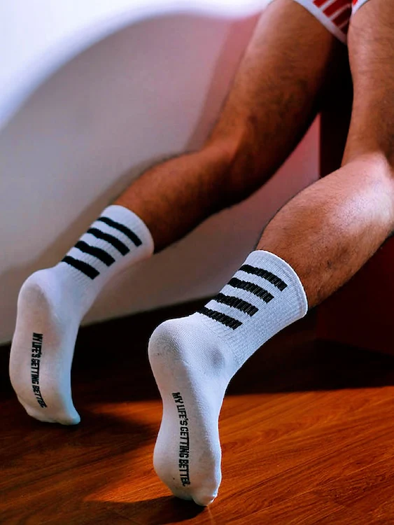 Men's Sexy Black Striped White Crew Socks - Image 2