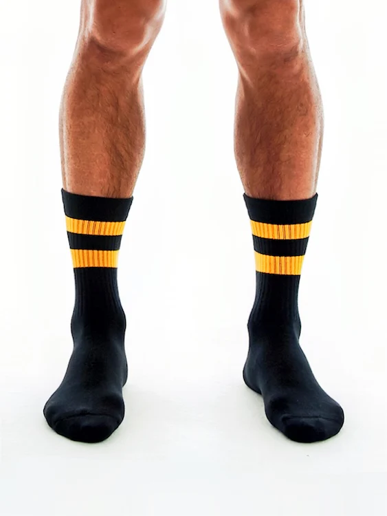 Men's Thick Black Crew Socks with Yellow Stripes