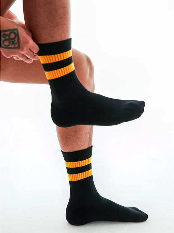 Men's Thick Black Crew Socks with Yellow Stripes - Image 2
