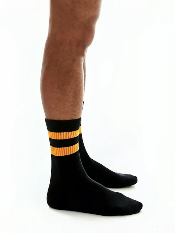 Men's Thick Black Crew Socks with Yellow Stripes - Image 3