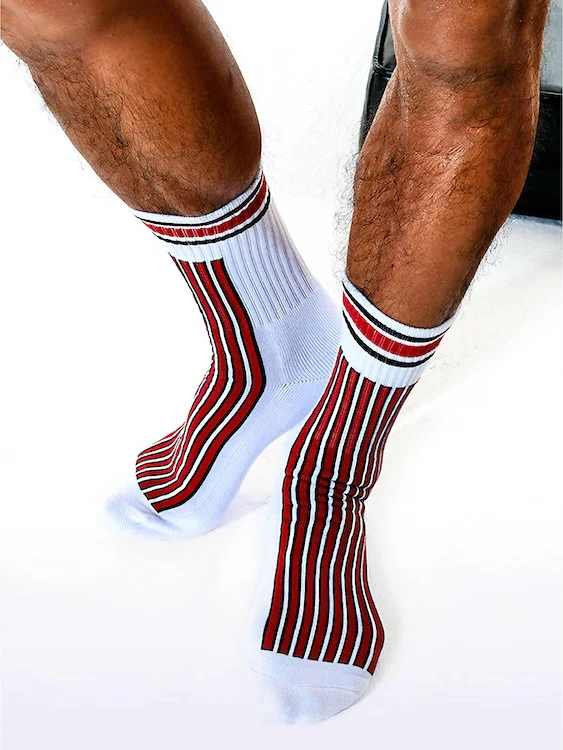 Men's Thick Crew Socks with Black and White Vertical Stripes - Image 2