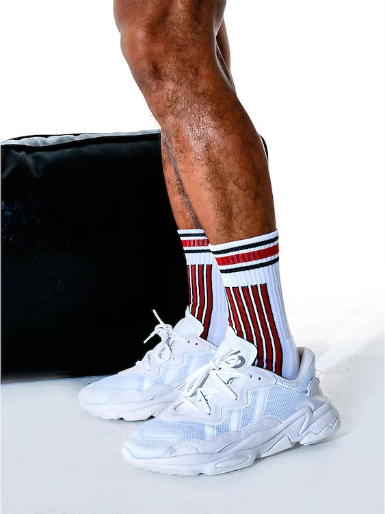 Men's Thick Crew Socks with Black and White Vertical Stripes - Image 3