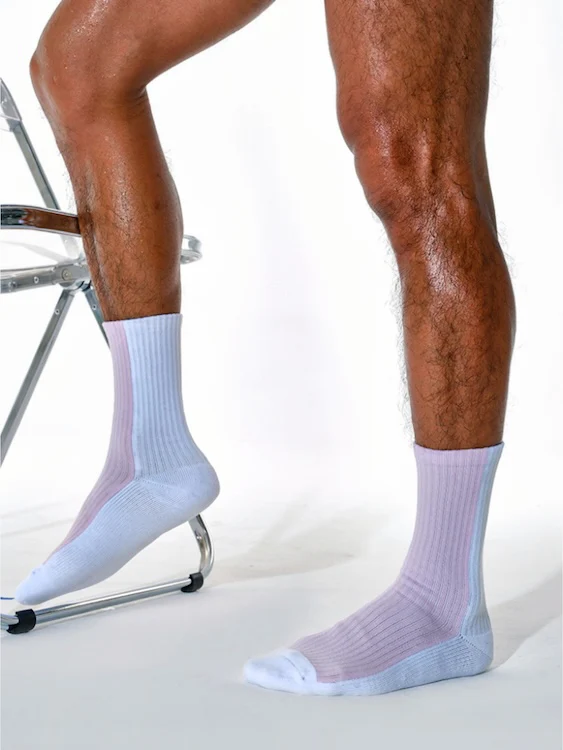 Men's Thick Crew Socks with Grey or Pink Vertical Stripes - Image 5