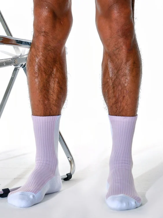 Men's Thick Crew Socks with Grey or Pink Vertical Stripes - Image 6