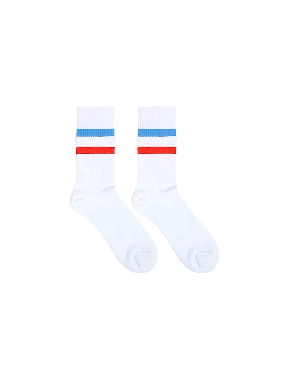 Men's White Crew Socks with Blue and Red Rings Faux Layered Design - Image 10