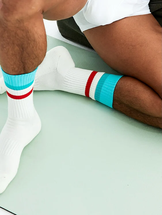 Men's White Crew Socks with Blue and Red Rings Faux Layered Design - Image 2