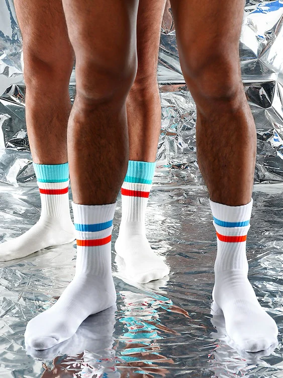 Men's White Crew Socks with Blue and Red Rings Faux Layered Design - Image 3