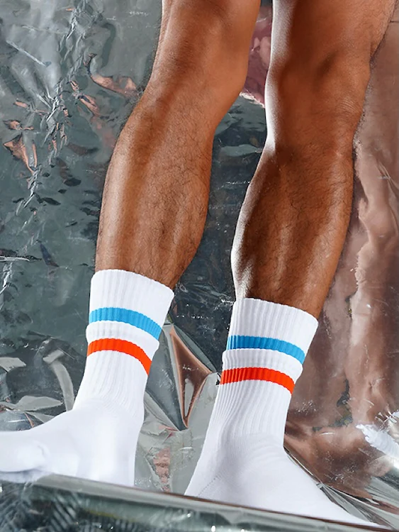 Men's White Crew Socks with Blue and Red Rings Faux Layered Design - Image 5