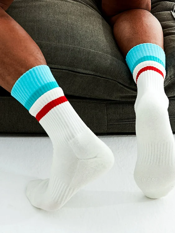 Men's White Crew Socks with Blue and Red Rings Faux Layered Design - Image 6