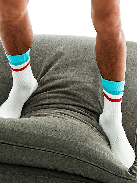 Men's White Crew Socks with Blue and Red Rings Faux Layered Design - Image 7