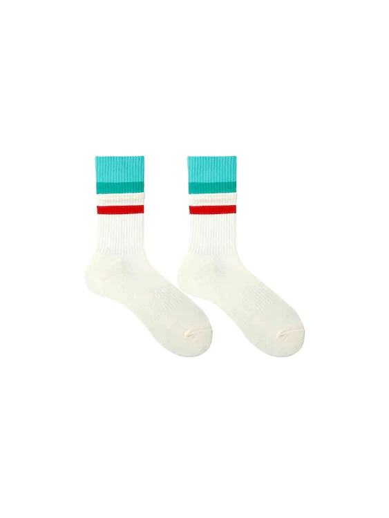 Men's White Crew Socks with Blue and Red Rings Faux Layered Design - Image 9