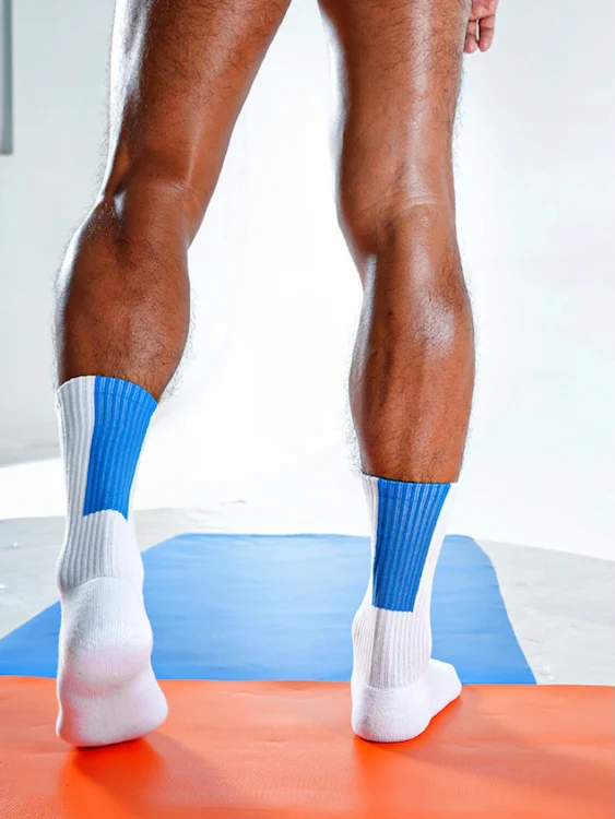 Men's White Crew Socks with Blue Vertical Stripes