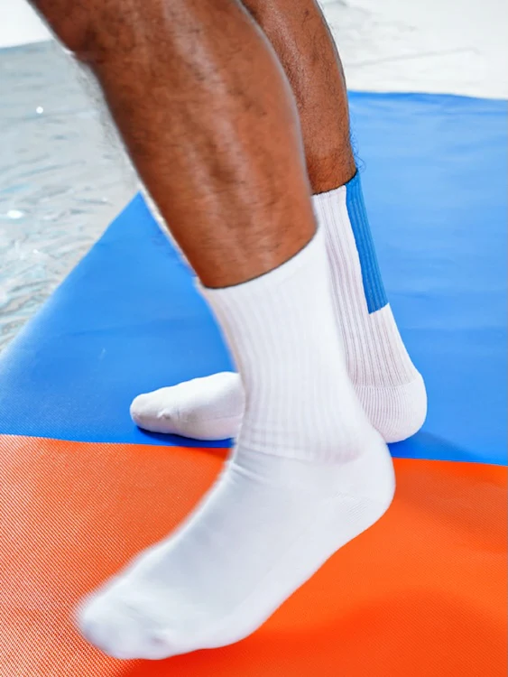 Men's White Crew Socks with Blue Vertical Stripes - Image 2