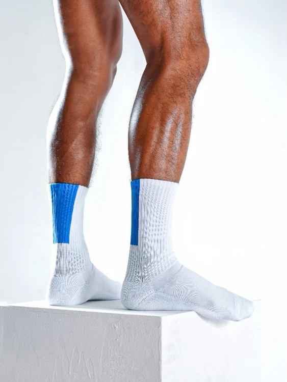 Men's White Crew Socks with Blue Vertical Stripes - Image 3