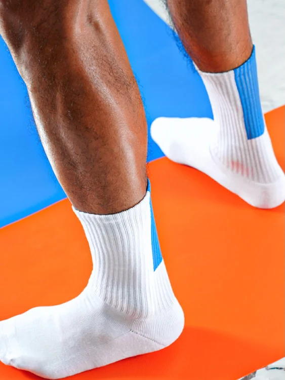 Men's White Crew Socks with Blue Vertical Stripes - Image 4