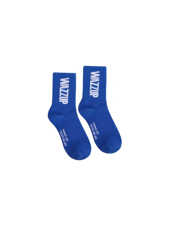 Men's Royal Blue Crew Socks with "WAZZUP" Letter Print - Image 4